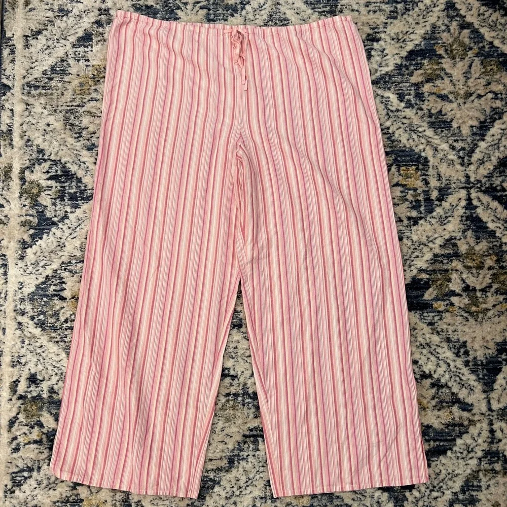 Garnet Hill Pajama Pants Women Size L Pink Striped Cotton Wide Leg Drawstring